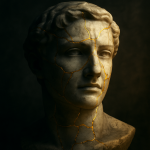 Marble statue with cracks repaired by golden veins, half in shadow and half in warm light — symbolising cynicism and hope.